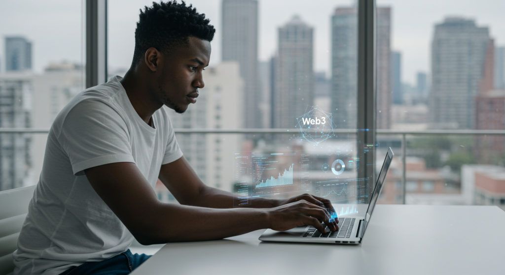 How to Build a Portfolio for Web3 Roles Without Prior Experience African Tech bro sitting on a desk and building portfolio for web3 roles