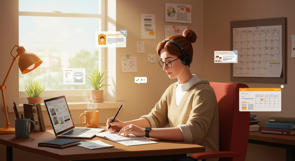 Focused freelancer working in a home office, showing how to not fail at freelancing through structure, time management, and professionalism.