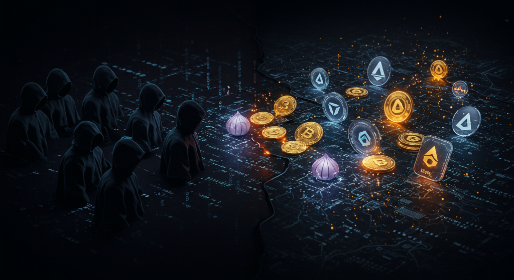 The Dark Web and Web3 Funding: What You Didn’t Know Visual representation of the dark web and Web3 funding, showing cryptocurrency flows between darknet sources and decentralized blockchain platforms.