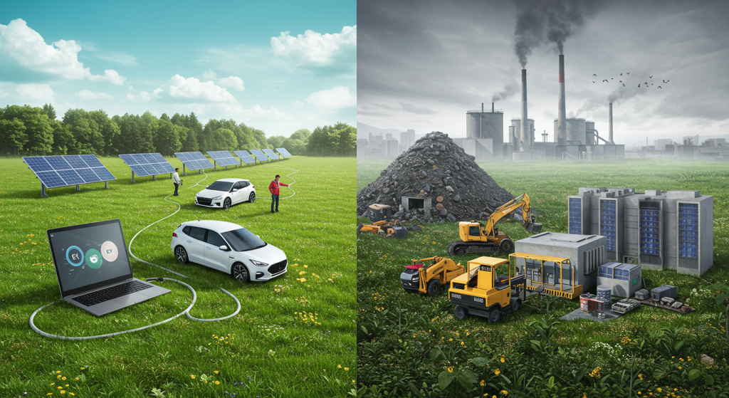 8 Things You Didn’t Know About The Green Side of Tech A visual representation of the green side of tech — showing clean innovations like solar panels and EVs alongside e-waste and data mining operations.