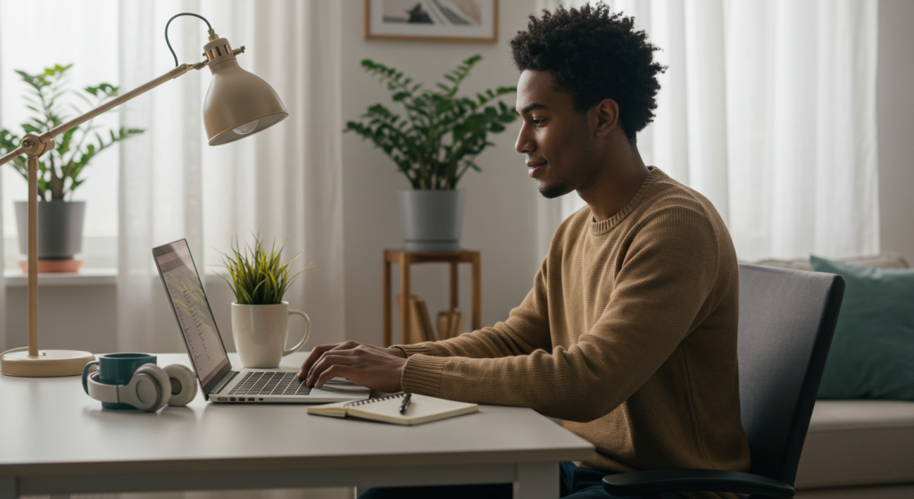 Person starting a remote job with zero experience, working from home in a cozy, modern workspace.