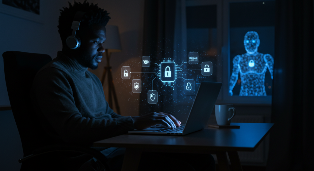 Remote worker showing how to use AI tools privately at night, surrounded by floating digital privacy icons and encrypted firewall layers, symbolizing private AI use and data protection.