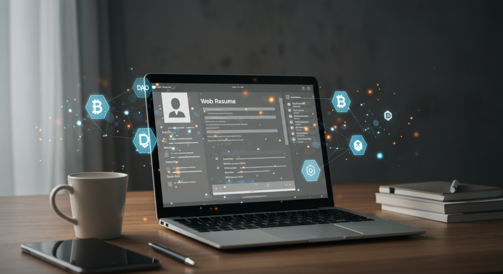 Laptop screen displaying a digital resume with Web3-themed visuals, including DAO and blockchain icons — representing how to write a resume for Web3 jobs.