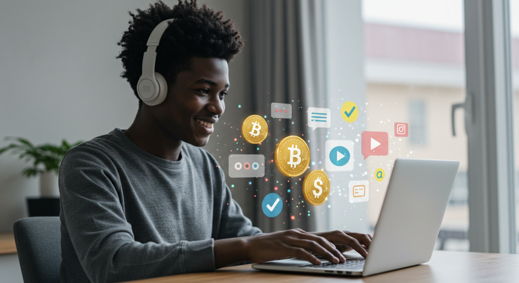 How to Earn From Web3 With No Money Invested Beginner exploring how to earn in Web3 from a laptop without spending money — digital icons represent content creation, DAOs, airdrops, and community tasks.