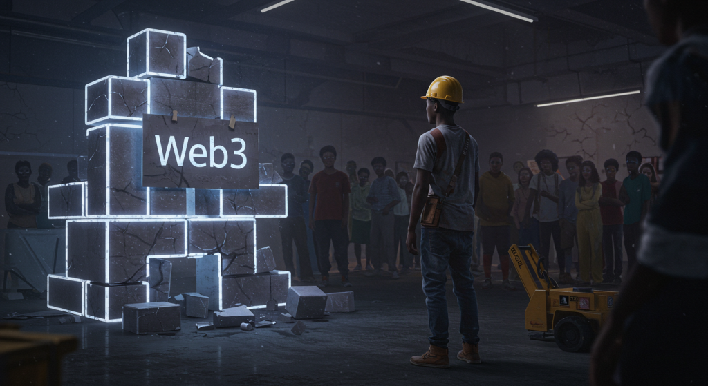 Young African Web3 builder facing an incomplete tech structure. Illustration of why Web3 projects fail