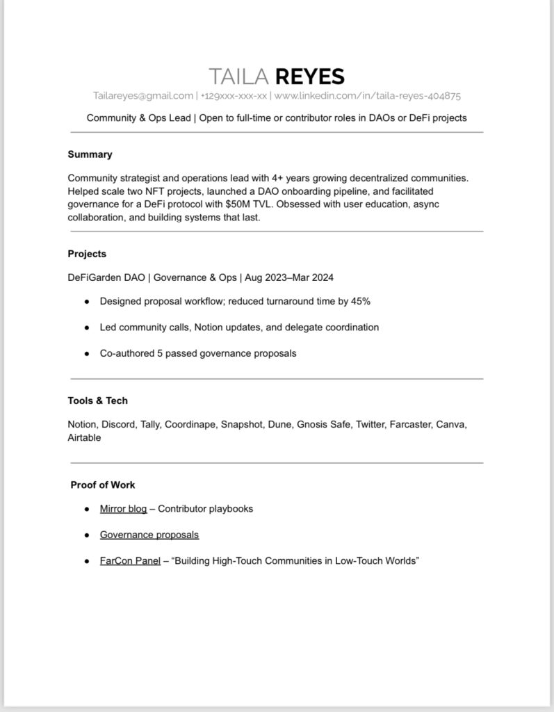 Template to write a resume for Web3 jobs