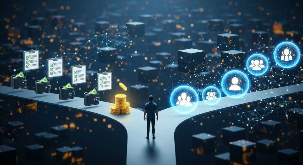 Beyond Connecting Wallets: What Web3 Was Meant to Be Concept art showing a person choosing between task-based Web3 and a creative, community-driven Web3 future. What Web3 really means