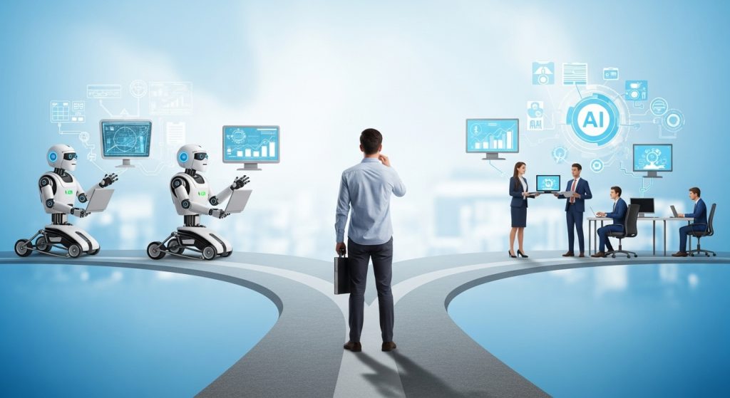 Professional navigating job choices in the AI era, symbolizing how to be hirable in a world where automation is rising.