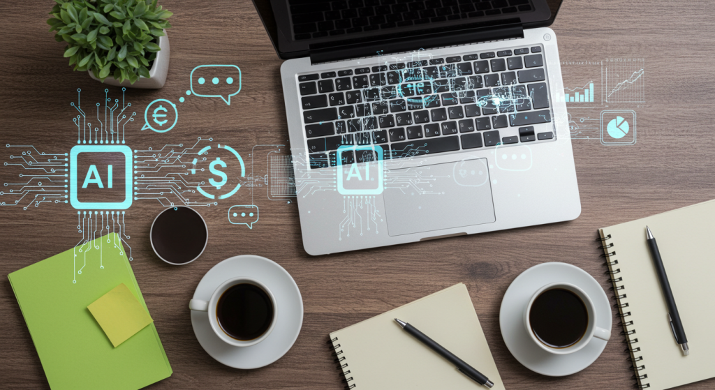 A flat lay illustration of a laptop, coffee cup, and notepad on a desk, with floating AI icons like chat bubbles, graphs, and digital coins around it. Bright, modern, minimalistic style.