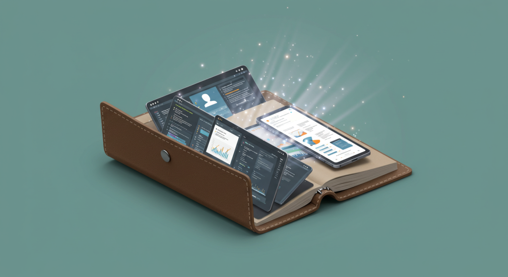 How to Build The $0 Tech Portfolio That Gets You Hired Symbolic leather portfolio case opening to reveal digital screens with code and design projects, representing the $0 tech portfolio that gets you hired.