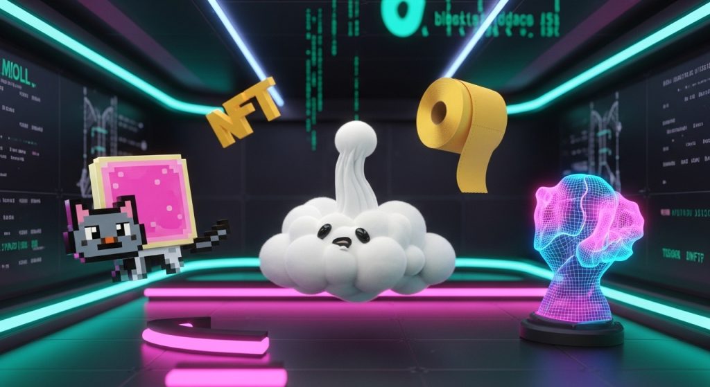 Illustration of the weirdest NFTs ever sold, including Nyan Cat, digital toilet paper, fart bubble, and neon digital art floating in cyberspace.