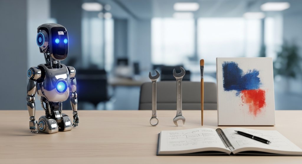 AI technology alongside tools representing Jobs AI can't replace yet.