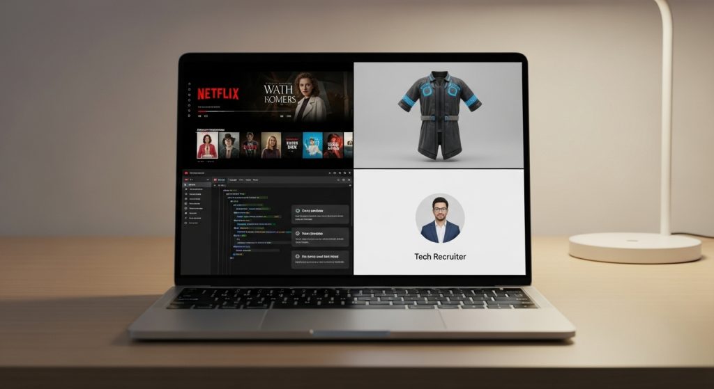 Simple Tech Jobs That Pay Well (But Sound Fake) Laptop screen showing simple tech jobs that pay well like Netflix tagger, metaverse fashion, AI prompts, and virtual real estate