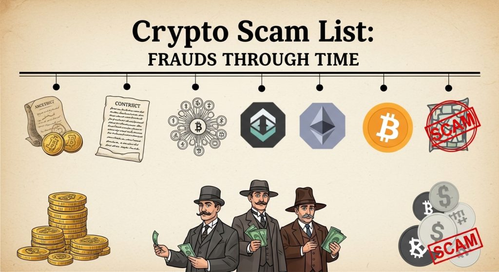 Historical-themed crypto scam list showing a timeline from old coin frauds to modern cryptocurrency scams.