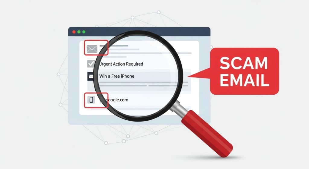 Visual guide on how to spot an AI-generated scam email by identifying generic greetings, poor branding, and altered sender domains.