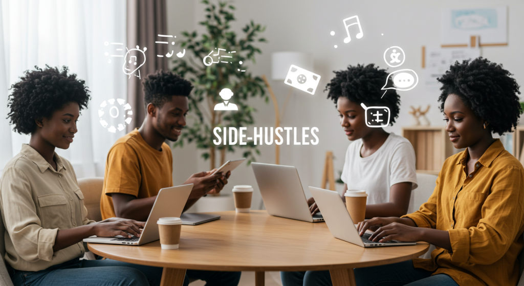 People exploring a profitable side-hustle for non-techies using laptops and digital tools in everyday settings.