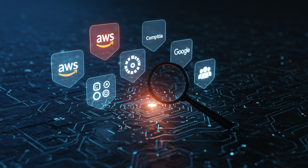 Underrated Tech Certifications That Recruiters Value Futuristic hologram badges for AWS, CompTIA, Google, and Microsoft certifications glowing above a digital grid, symbolizing underrated tech certifications recruiters value.