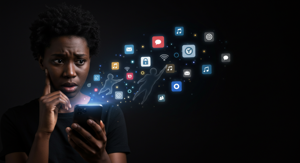 User holding smartphone as everyday apps that leak data expose vital information to unseen third parties, illustrating privacy risks.