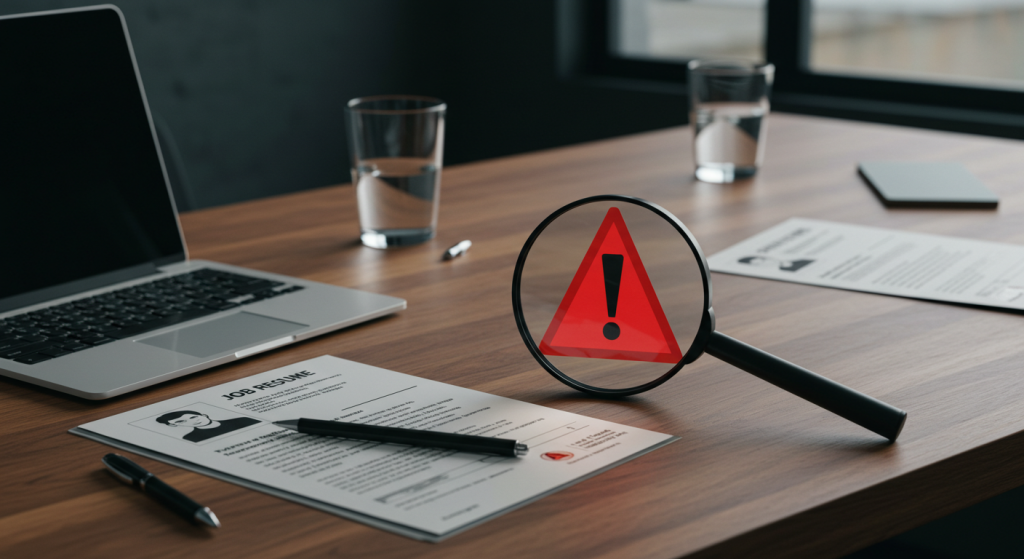 Magnifying glass highlighting a warning sign on a job interview table, symbolizing tech job interview red flags.