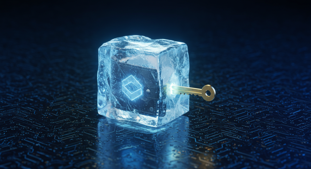 A digital wallet glowing on a blockchain background, partly locked inside a block of ice depicting how web3 wallets freeze funds.
