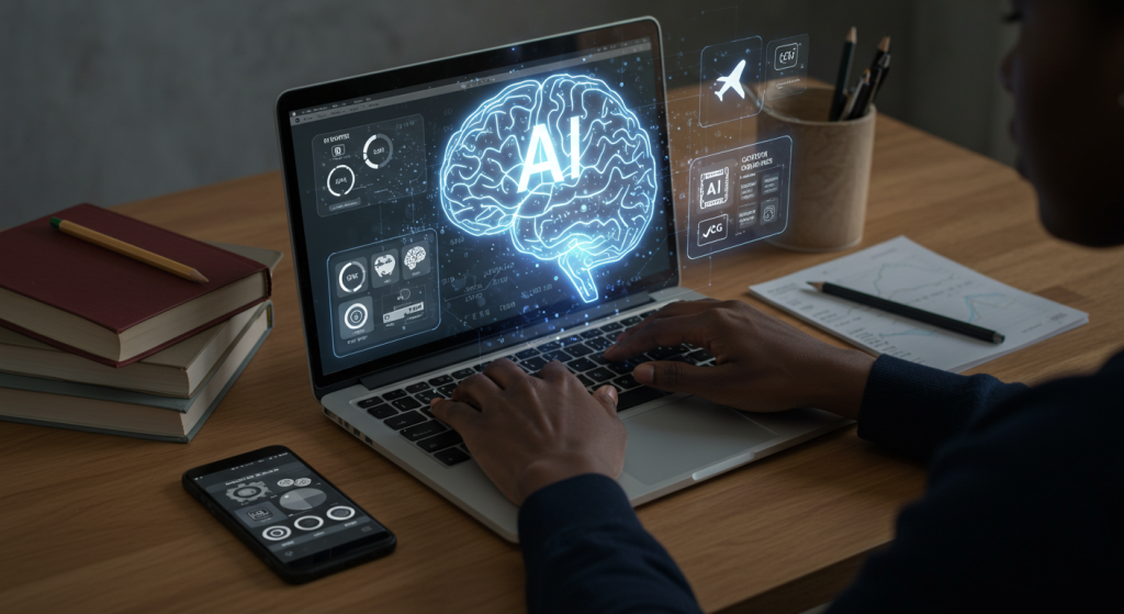 Person using a laptop with glowing AI hologram, showing AI tools that work offline for private work without internet.