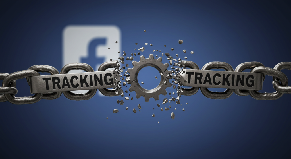 Broken chains labeled tracking with a settings gear breaking them apart, symbolizing simple settings to stop Facebook tracking across the web.