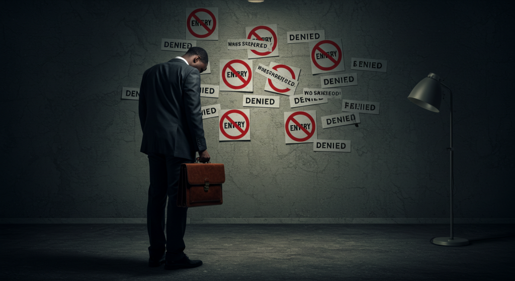 Job seeker facing a wall with rejection signs while holding briefcase and bowing head in disappointment, indicating Remote job rejection in Africa