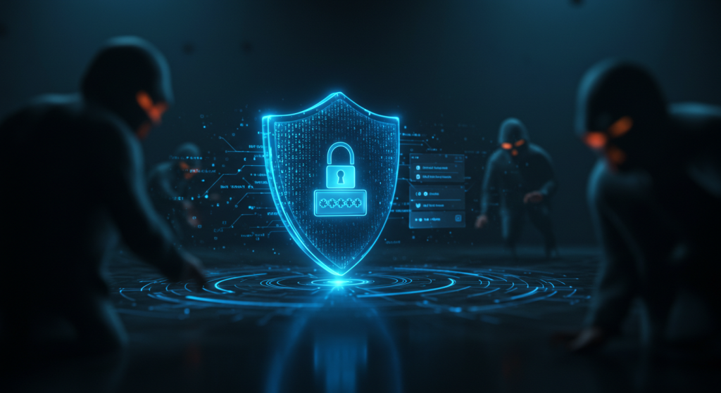 Futuristic glowing shield made of encrypted code protecting a digital login screen, symbolizing hack-proof password tricks and unbreakable online security.