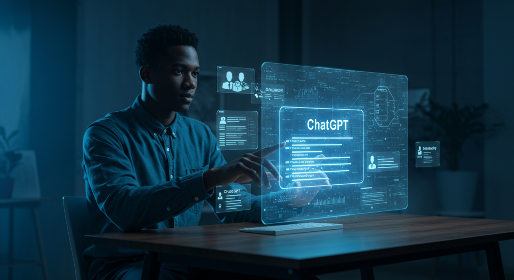Digital artwork of a professional mastering ChatGPT prompting, interacting with glowing holographic AI prompts on a futuristic screen, symbolizing control, clarity, and advanced AI communication.