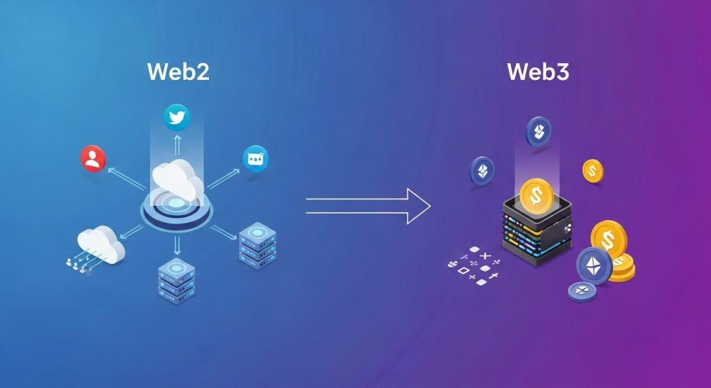Web3 vs Web2: What’s Changing and What’s Not Visual comparison showing Web3 versus Web2 differences — centralized Web2 networks versus decentralized Web3 blockchain systems.