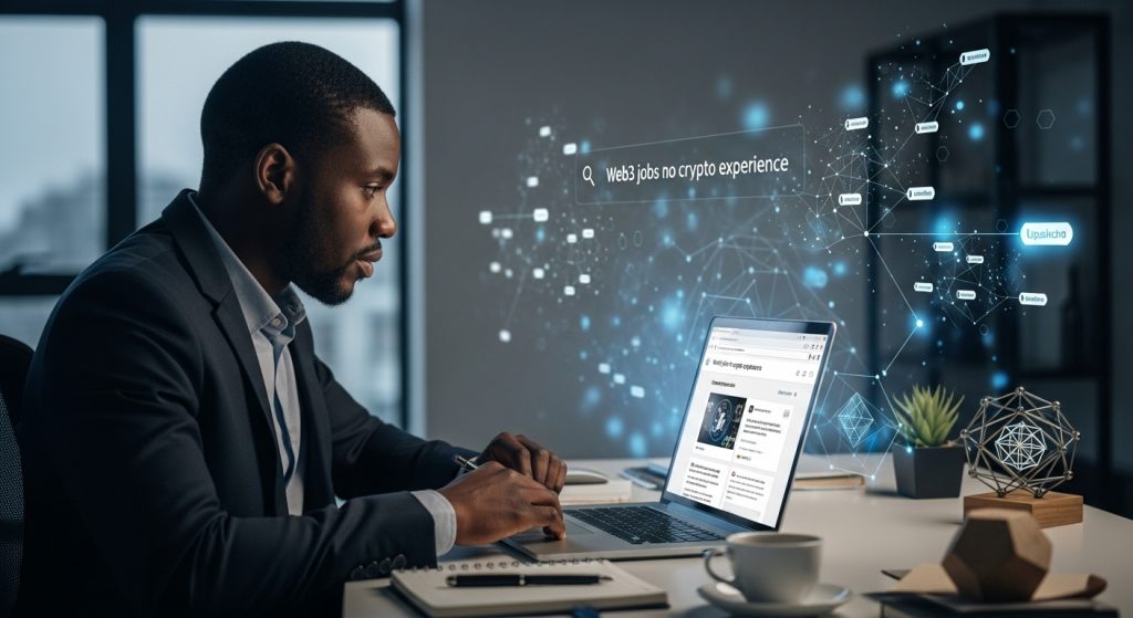 How to Land Web3 Jobs Even If You’ve Never Worked in Crypto Professional exploring how to land Web3 jobs without crypto experience, surrounded by subtle blockchain-inspired visuals.