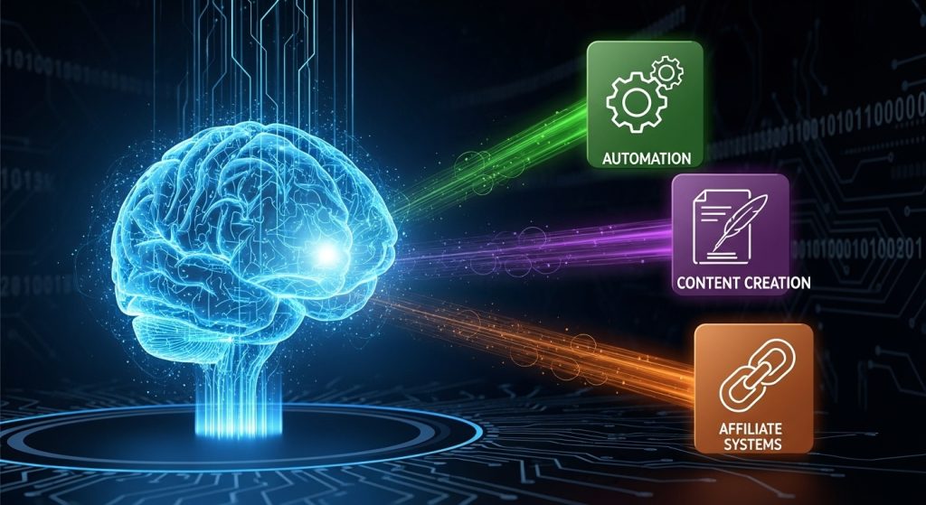 The Lazy Creator’s Guide to Building an AI Side Business Model AI brain connecting to multiple business models — automation, content creation, affiliate systems — symbolizing building an AI side business that runs itself.