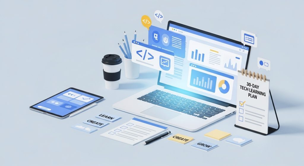 Simple Tech Roles You Can Learn in 30 Days or Less A minimalist workspace with a laptop showing icons of simple tech roles, data charts, and a 30-day tech learning checklist.