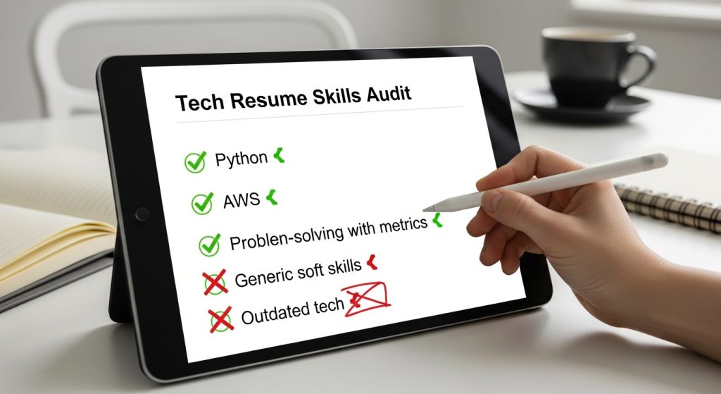 Tech resume skills checklist showing essential career skillset for tech resume requirements