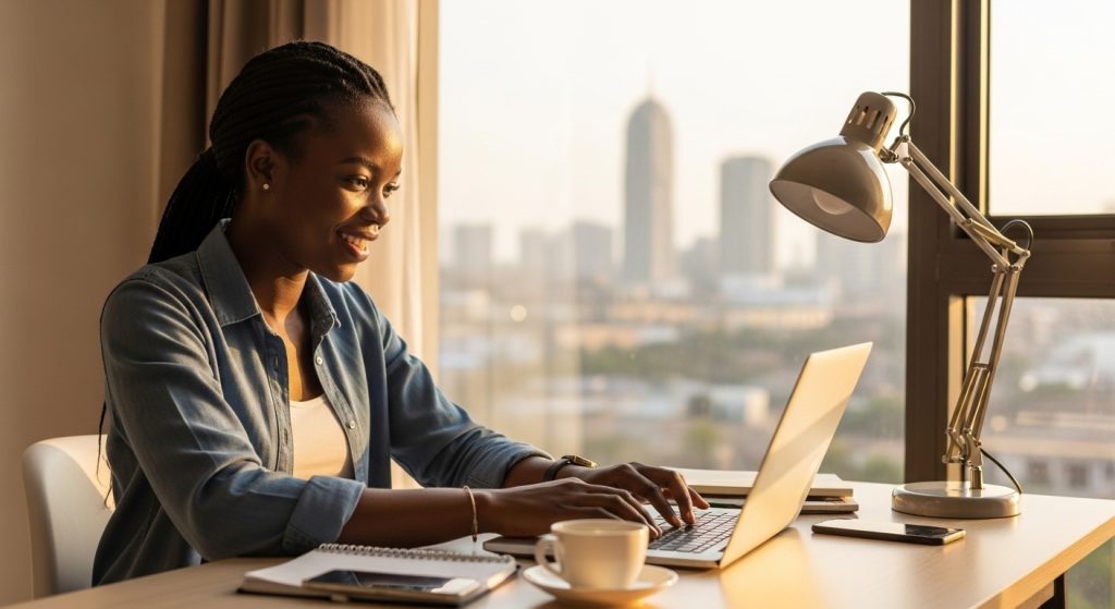 A confident young professional working remote tech jobs in Nigeria on a laptop in a modern, bright home office setup