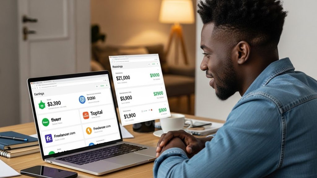 Dollar-Earning Platforms for Nigerians Beyond Upwork A freelancer earning dollars on multiple platforms including Fiverr, Toptal, and Freelancer.com with laptop showing dollar earnings