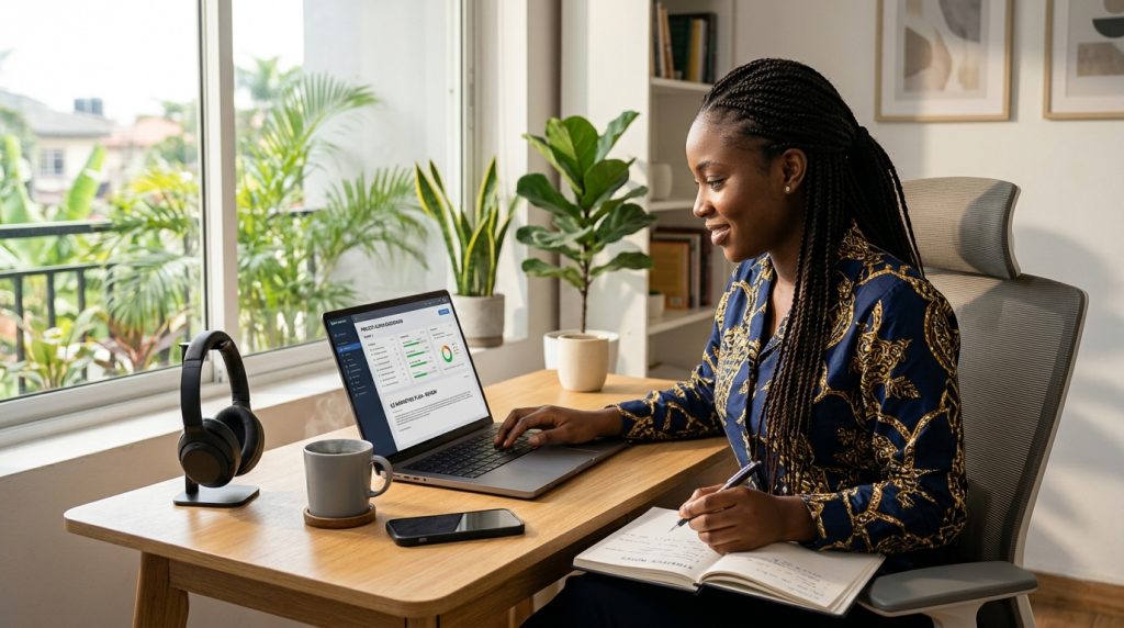 A Nigerian professional learning how to start a remote career in Nigeria from a home office.